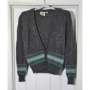 Vintage Shetland Wool Puff Sleeve Cardigan Sweater Size 40 Fair Isle Gray Large